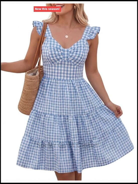 Dresses & Skirts - Cotton Gingham Dress V Neck Ruffle Hem Smocked Midi Dress Vacation Wear